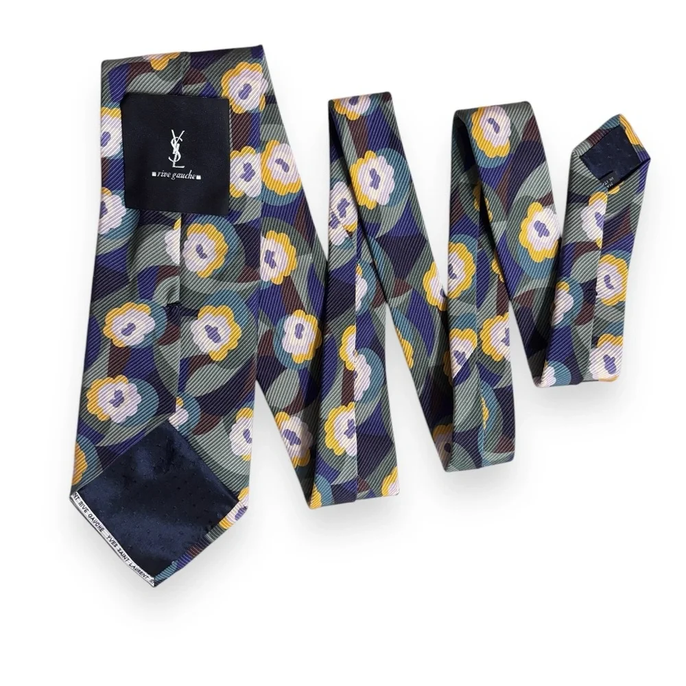 YSL Rive Gauche Purple Yellow Floral Ribbed Silk Tie